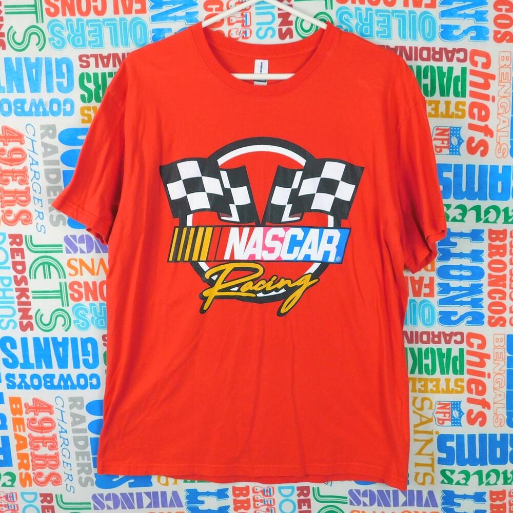 Retro NASCAR Racing Logo T Shirt Size XL Red Checkered Flags